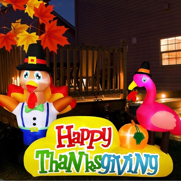 8Ft Thanksgiving Inflatable Turkey Flamingo with Happy...